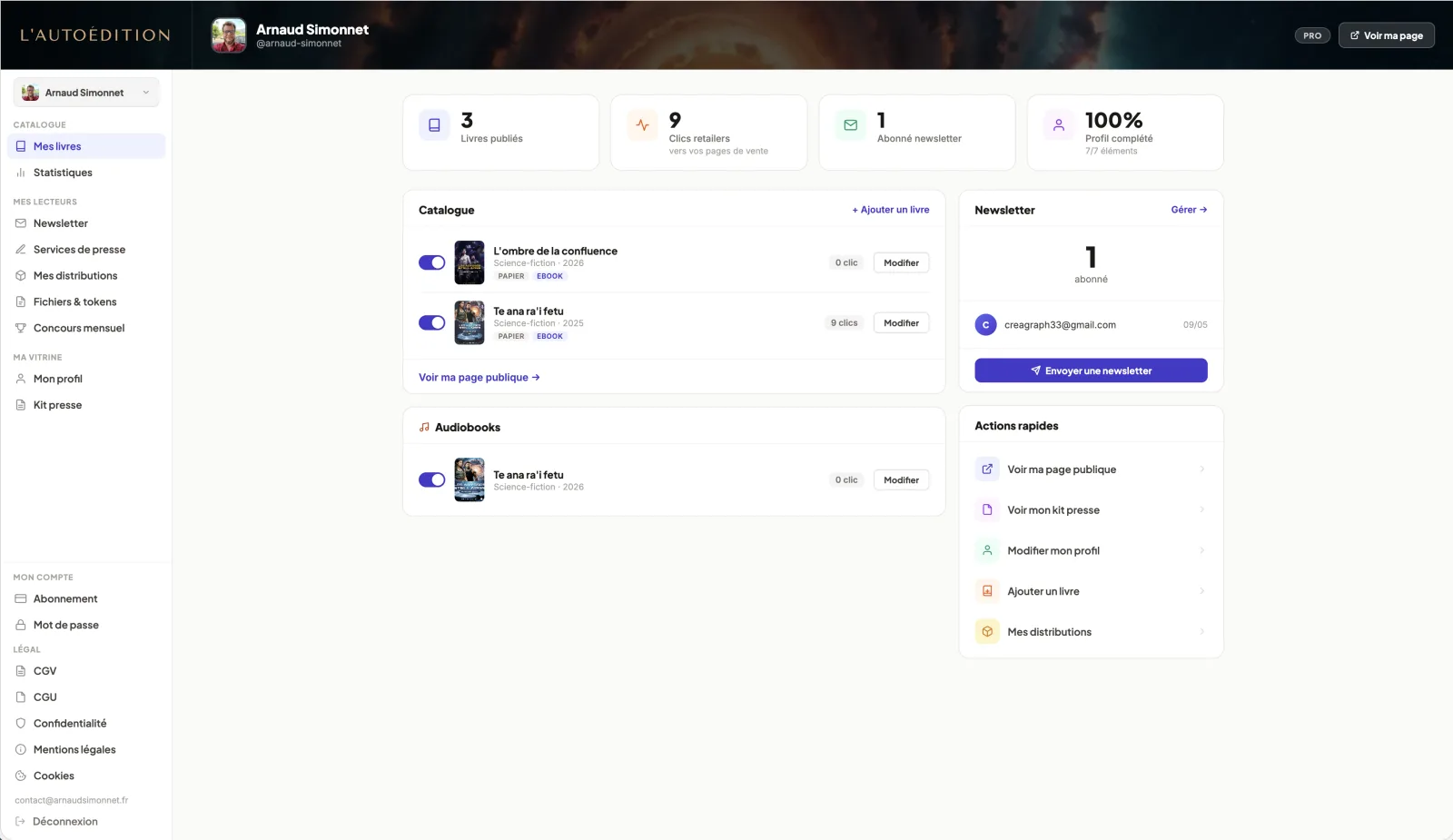 Dashboard auteur lautoedition.fr — catalogue livres, newsletter, statistiques