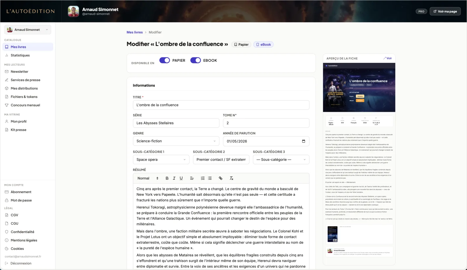 Formulaire d'ajout de livre avec couverture uploadée et champs renseignés