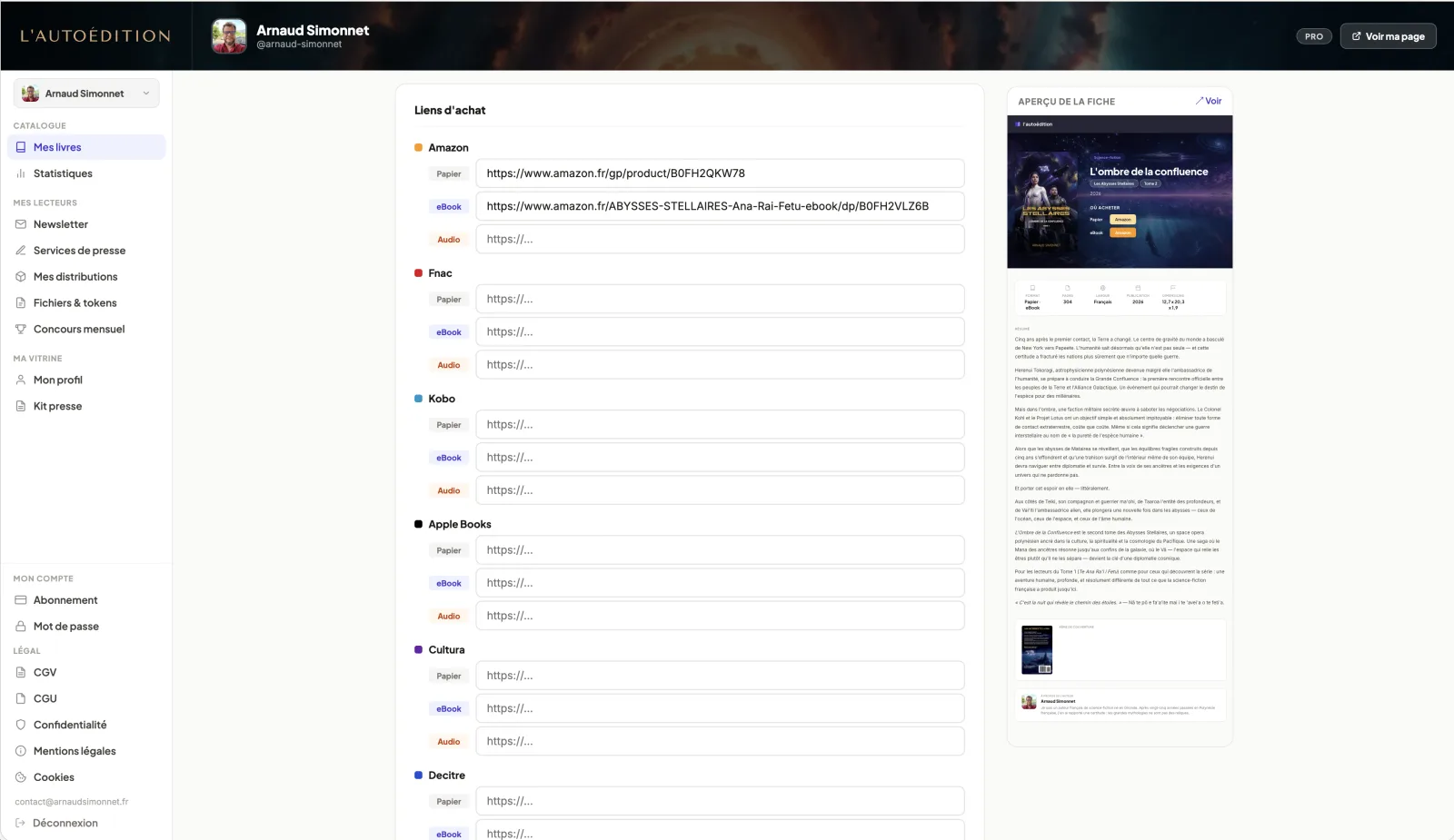 Section retailers du formulaire avec plusieurs liens Amazon Kobo Fnac Apple Books renseignés