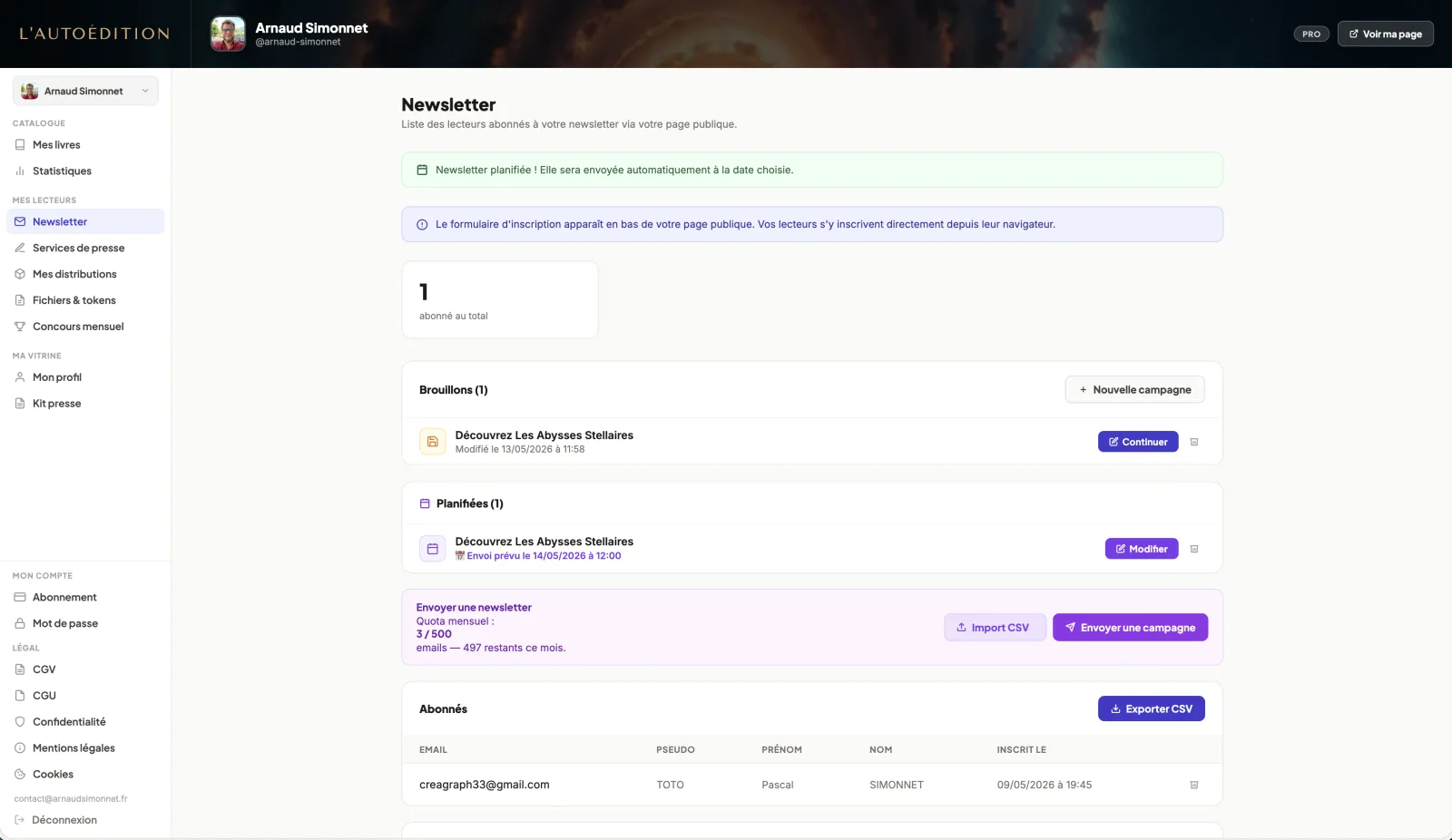 Liste des campagnes newsletter envoyées avec statistiques et statut Envoyée par campagne