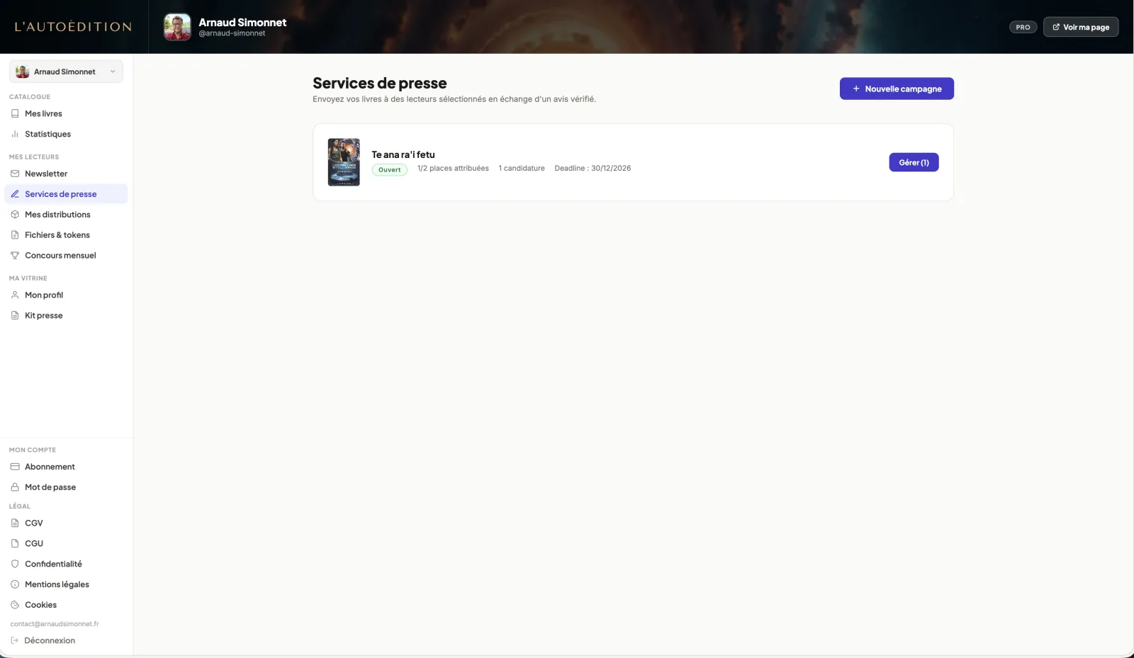 Interface service de presse — tableau de bord des campagnes