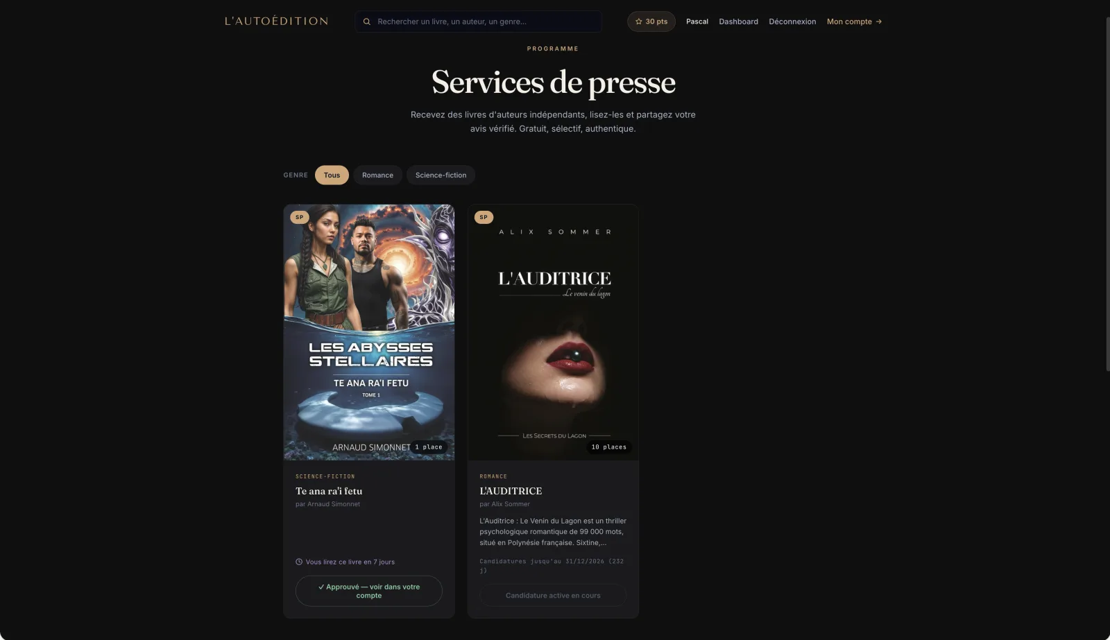 Page Services Presse côté lecteur lautoedition.fr — campagnes ouvertes avec délais et nombre de places
